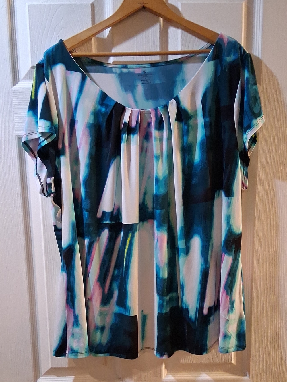 Abstract Blue Multi-Color Pleated Women’s Top Stretchy